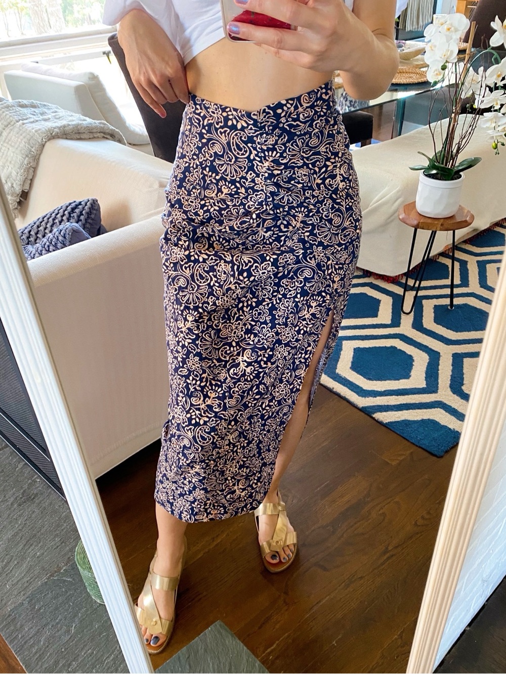 ZARA Navy Peach Floral Ruched Cotton Midi Skirt! 🐚 - Picture 6 of 16